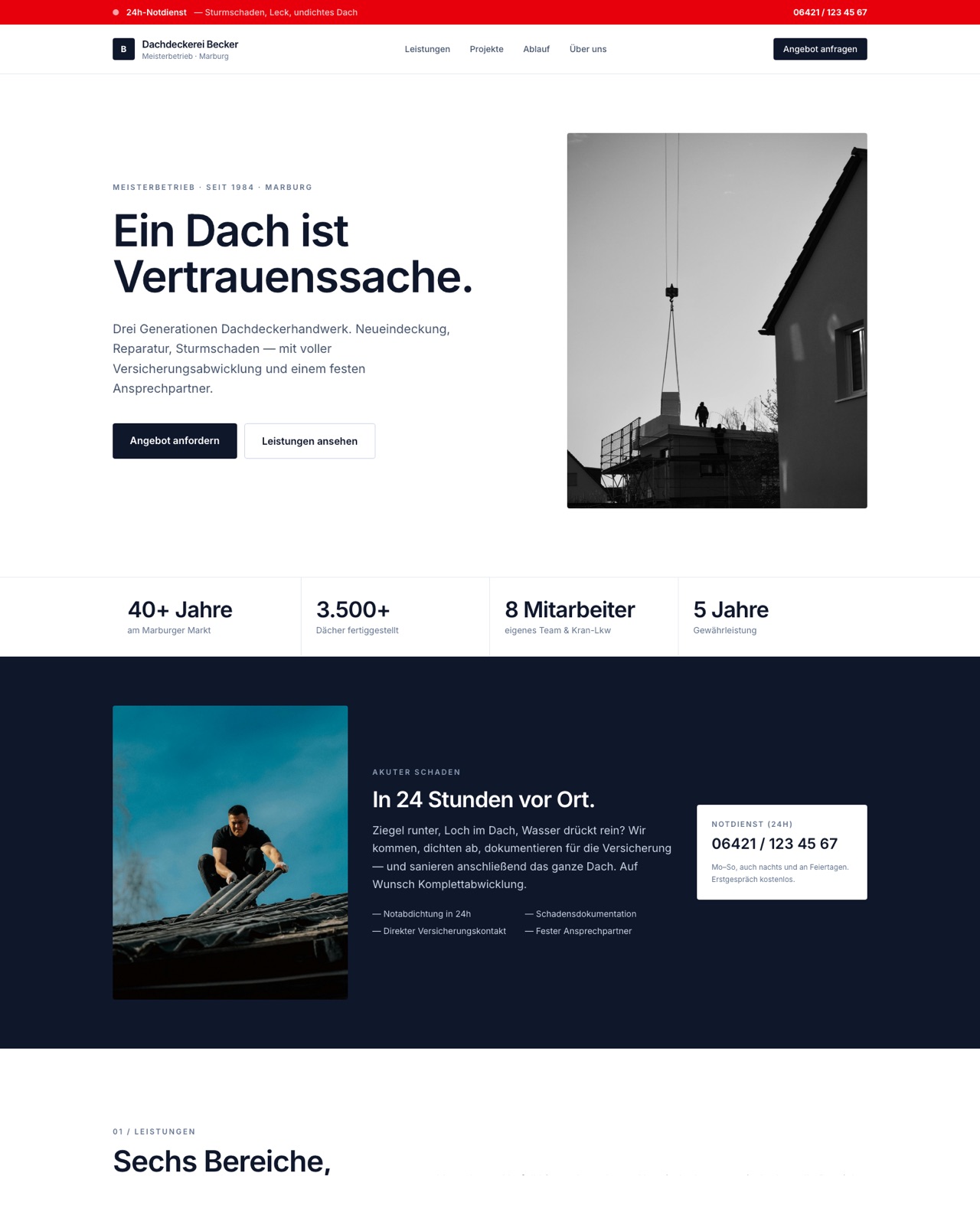 Screenshot der Webseite Dachdeckerei Becker – Hero mit Dach im Hintergrund