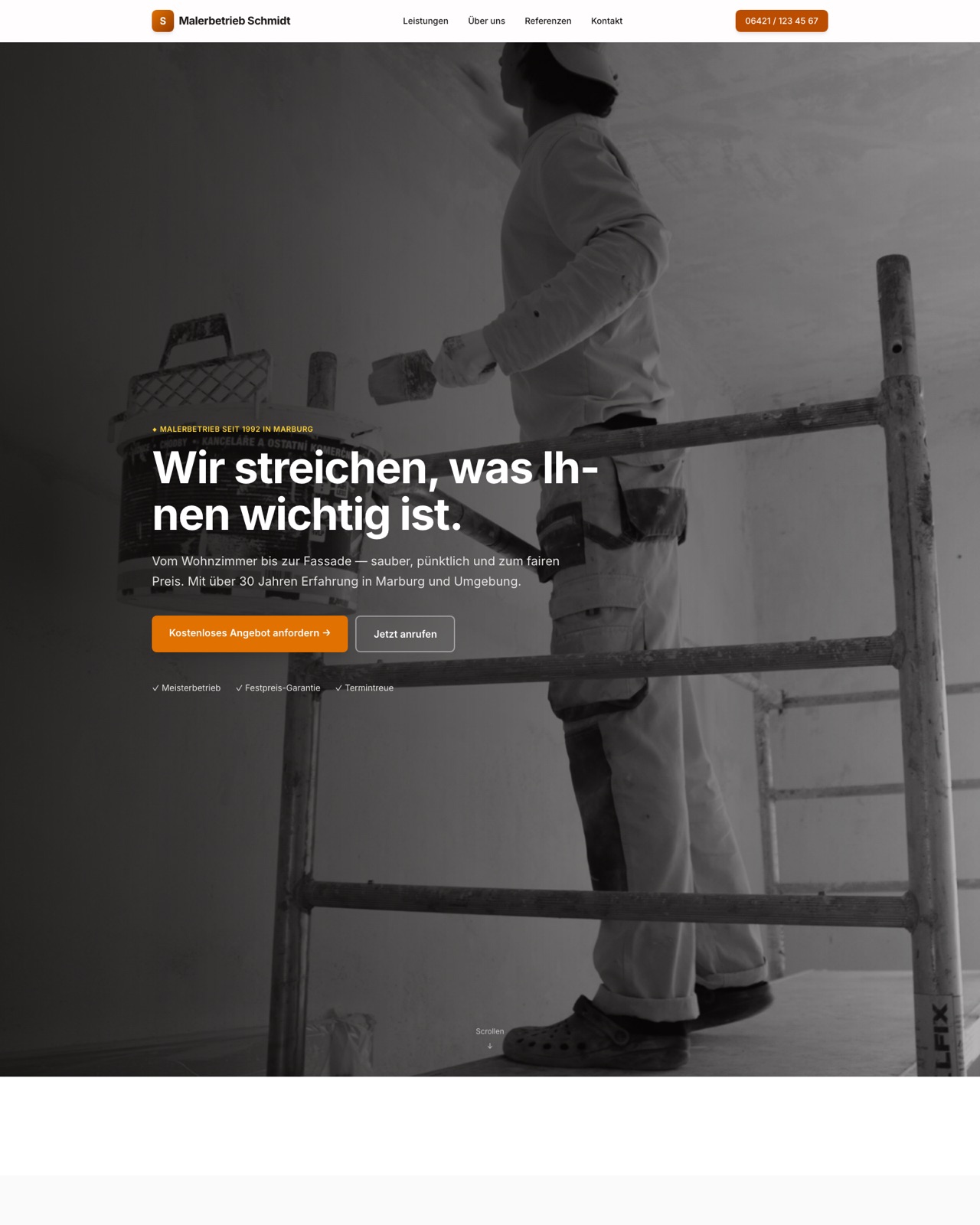 Screenshot der Webseite Malerbetrieb Schmidt – Hero mit Maler auf Leiter