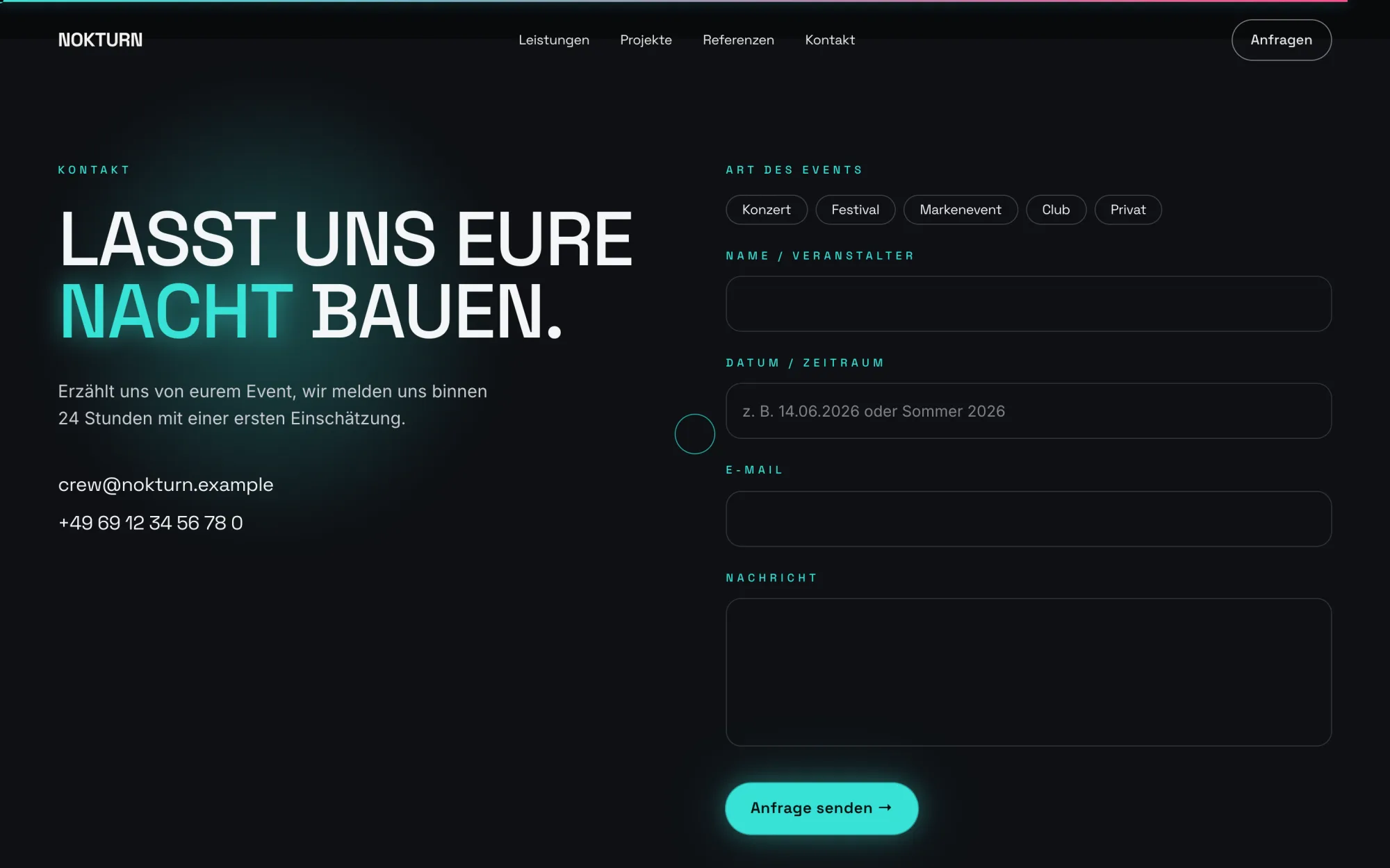 Kontaktbereich der NOKTURN-Website mit Anfrage-Formular