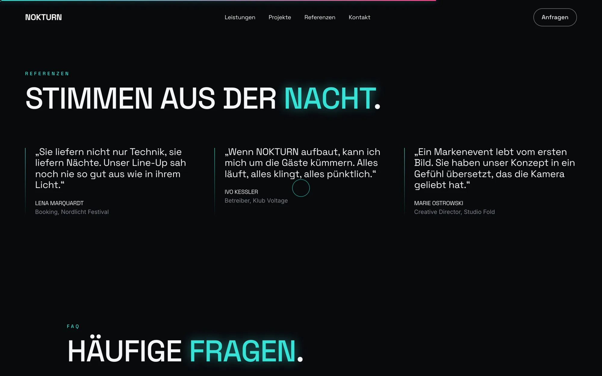 Referenzen-Sektion der NOKTURN-Website mit Zitaten von Veranstaltern