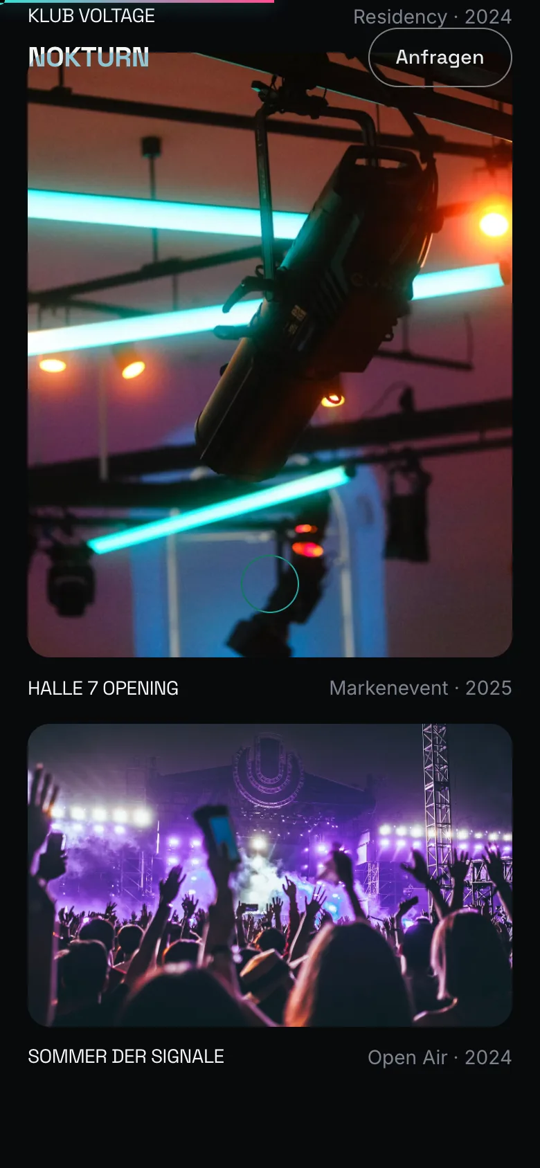Mobile Projektansicht mit Fotos von Klub- und Open-Air-Nächten